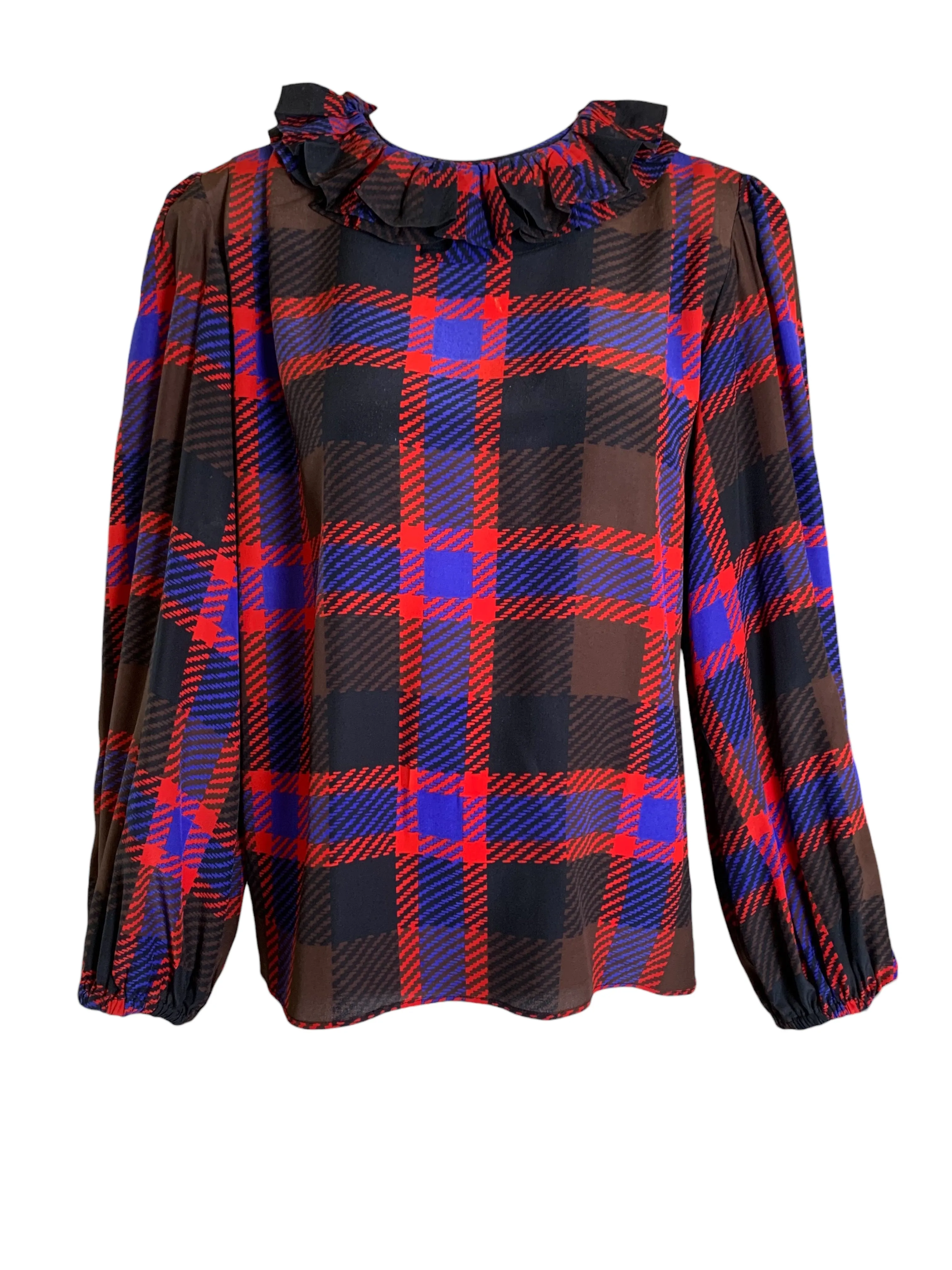 Yves Saint Laurent Rive Gauche Late '70s/ Early '80s Plaid  Silk Blouse   Pleated Wool Skirt Set